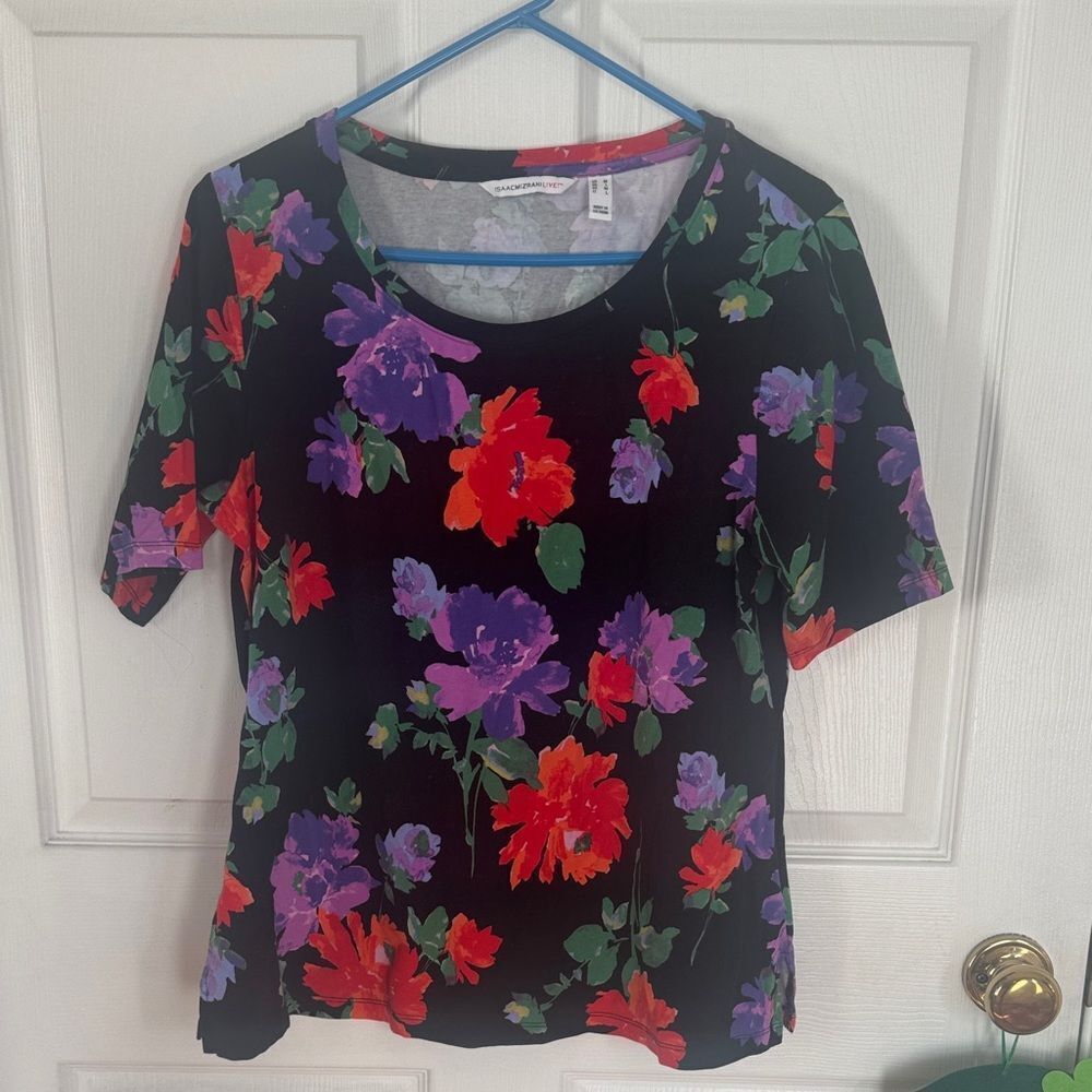 Isaac Mizrahi Black Top with Red and Purple Floral Design